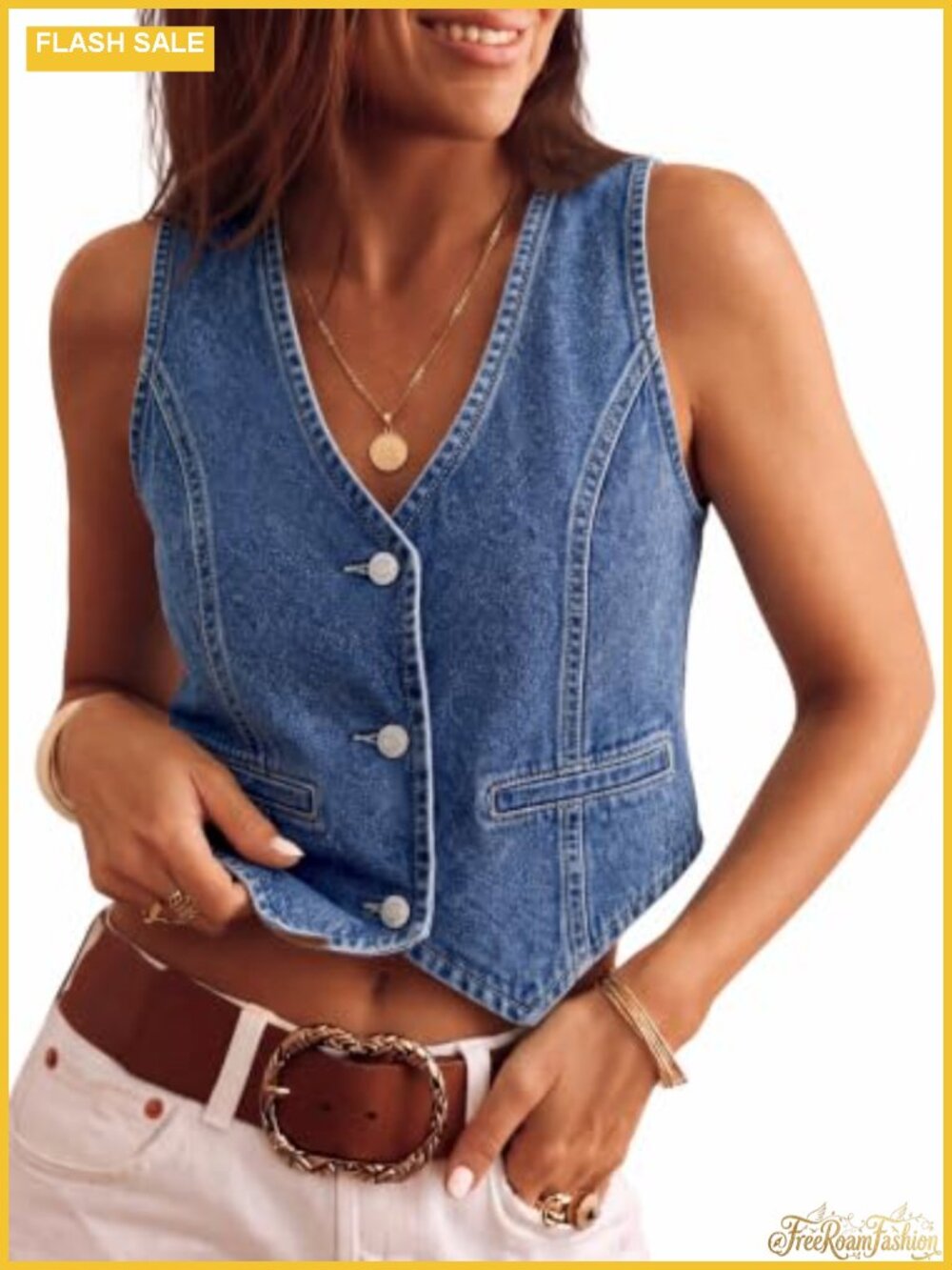 Women's Sleeveless Denim Vest V Neck Button Down Jean Waistcoat Y2K Crop